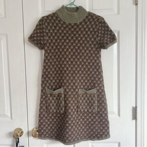 Zara Mock Neck Brown and Green Knit Sweater Dress with Pockets
